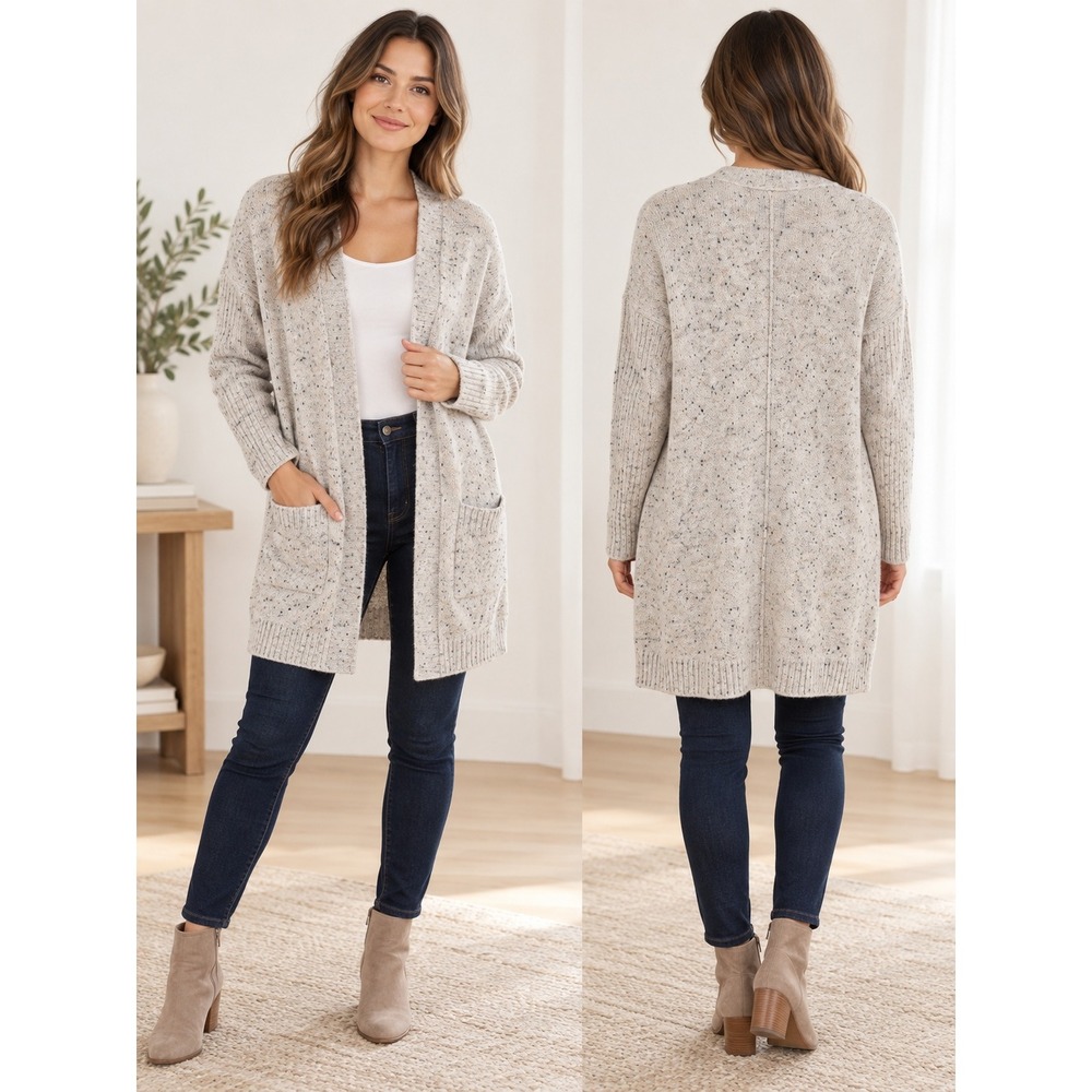 Abercrombie & Fitch Cardigan Women Size Medium Cream Speckled Open Front Ribbed